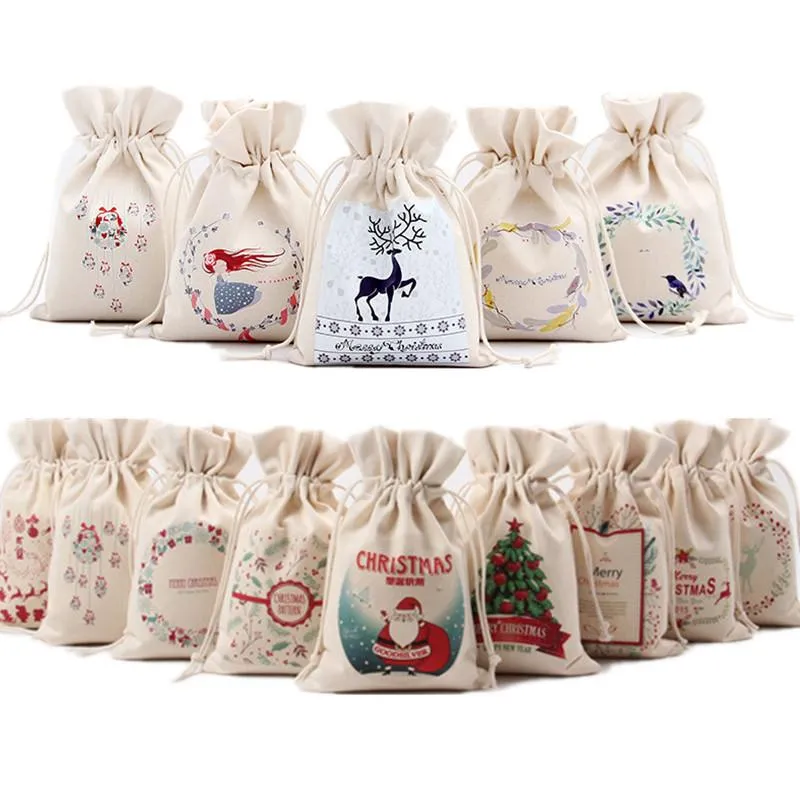 Christmas Decorations 1PC 2023 Year Candy Bag Santa Claus Drawstring Canvas Sack Tableware Rustic Vintage Stockings Gift