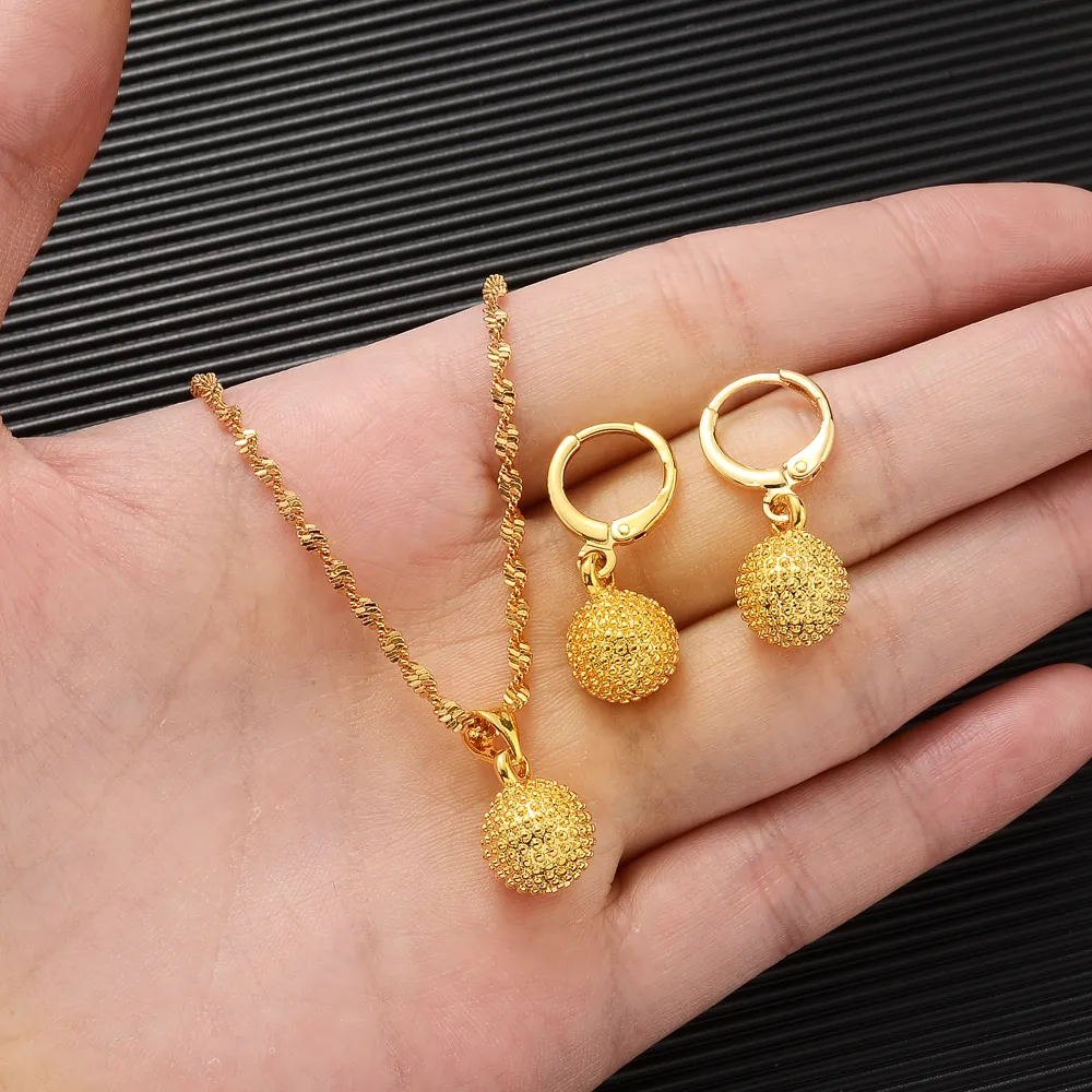 18k Solid Yellow Gold surface Necklace Pendant Earrings set Jewelry Moroccan Turkish Dubai Hemp ball Globular Round