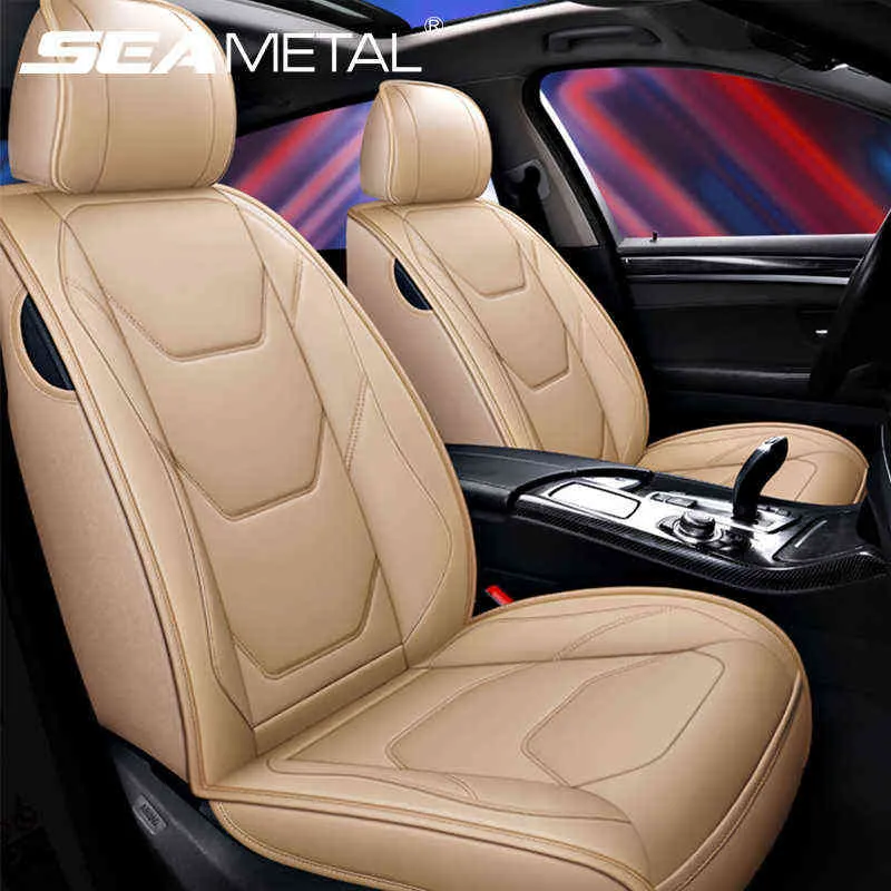 Luxury Car Seat Cover Beige Universal Pu Leather Car Seat Cover Fordonsstol Kudde Protector Pad Auto Interiör Tillbehör H220428