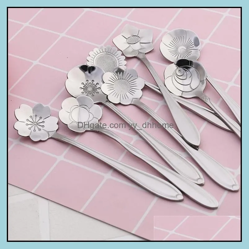fancy flower spoon stainless steel silver spoon shiny polish metal coffee dessert spoon 7 designs available
