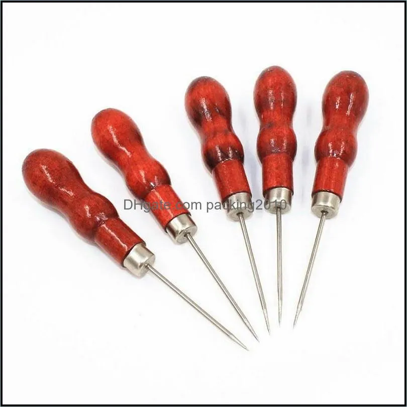 Red Wooden Handle Needle Hand Tools Pin Punching Hole Maker Stitching Overstitch Sewing Tools High Quality Leather Craft Cloth Awl