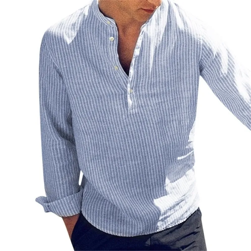 헬로쏘 코튼 긴 소매 남자 셔츠 가을 줄무늬 슬림 맞는 스탠드 칼라 남성 의류 플러스 사이즈 5XL Camisa Masculina 220322