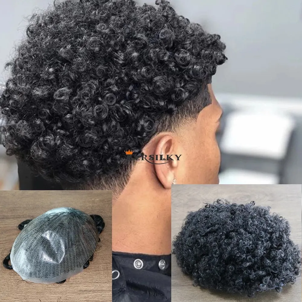 Afro Toupee for Black Men Curly Weave Brazilian Hair System All Pu  Injection Hair Unit for Black Men (1B# Natural Black,6MM Afro)