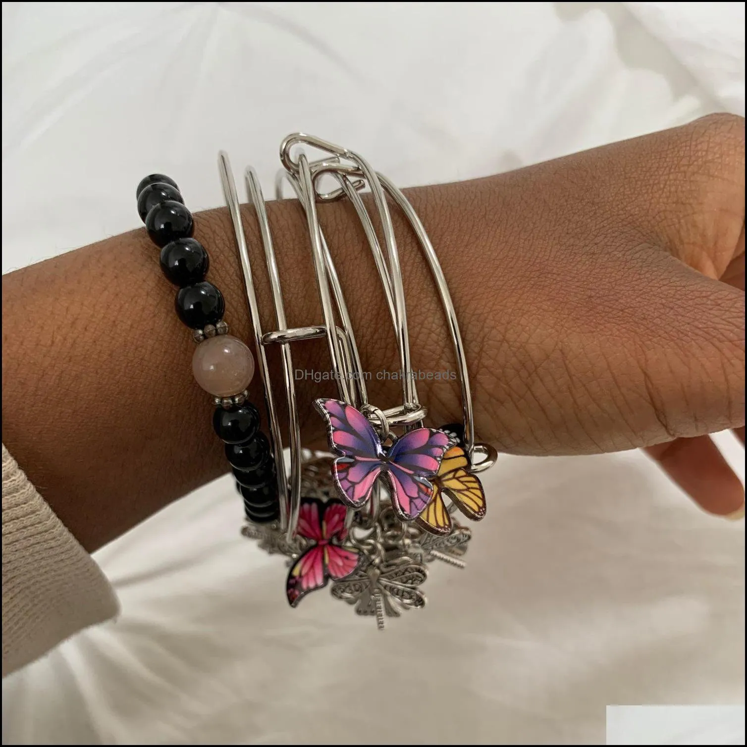 5pcs Bangle Set Wire Bracelets for Women Girls Jewelry Butterfly Dragonfly Bow Charms Bangles Cuff Jewlery
