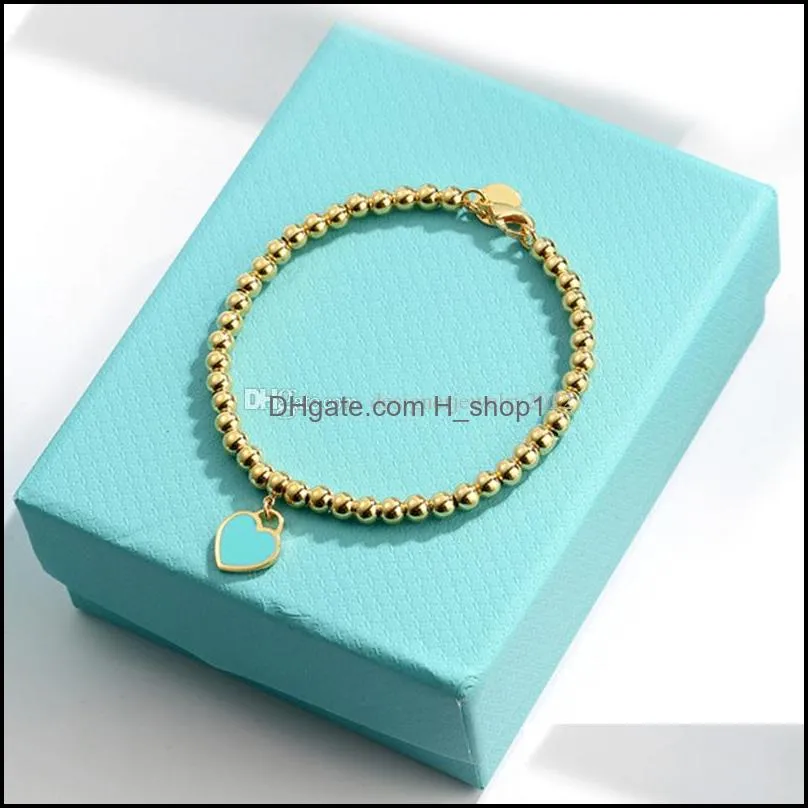 925 silver tif luxury heart beaded tag strands bracelet women fine jewelry trendy beads chain round ball bracelets for girlfriend love blue fashion gift with