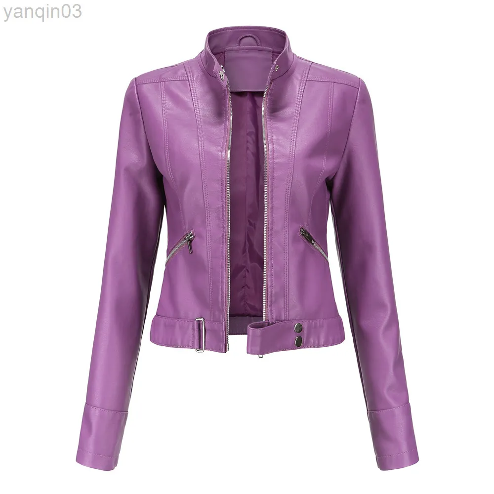 Fashion Leather Jacket Women Moto Biker Motorcycle Female Coat Purple Black Coffee Red Autumn Spring Veste Cuir Femme L220801