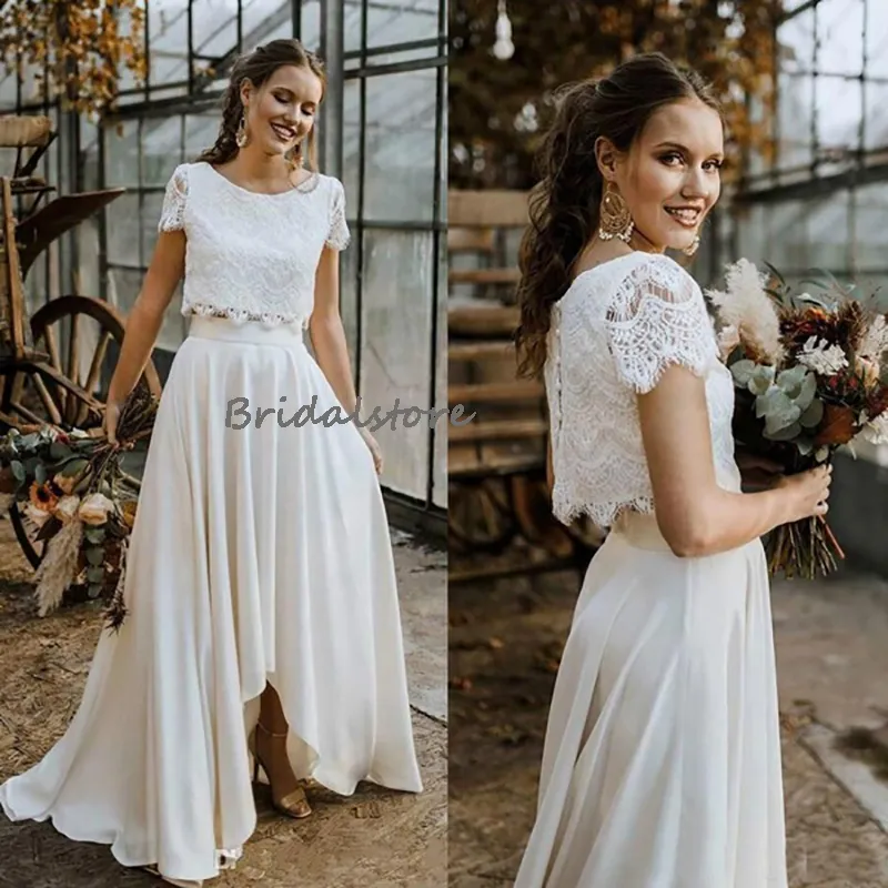 Elegant Two Piece Bohemian Wedding Dress 2022 Sexy Short Sleeve Top Lace Summer Beach Bride Dresses Floor Length Chic Women Party Bridal Boho Dress Robe De Mariee