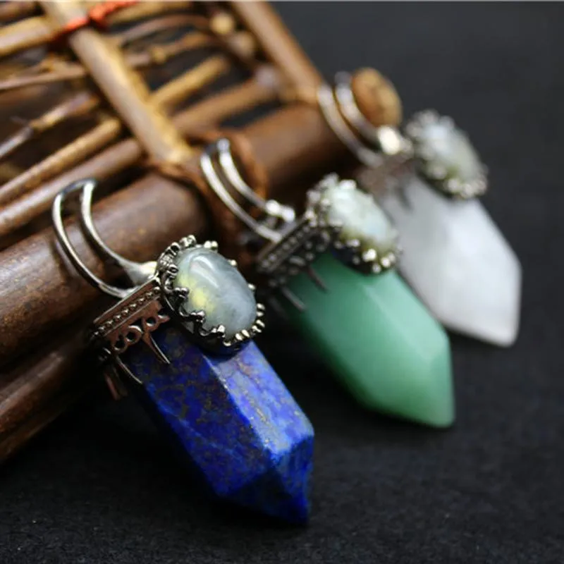 ペンダントネックレス卸売6pcs/lot天然石六角形の楕円形の六角形crystal charm charm lapis lazuli女性男性ギフトペンダント