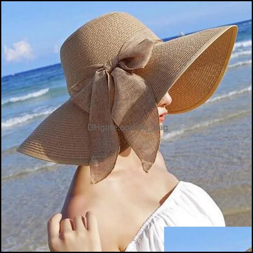 summer women beach straw hat breathable sun hat lady fashion wide brim straw hats outdoor travel foldable bow tie hats 11 colors