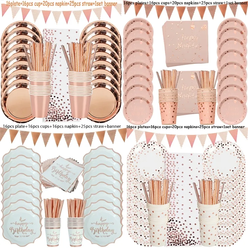 Rose Gold Joyeux Anniversaire Impression Dot Vaisselle Jetable Ensemble Assiette En Papier Tasse fête d'anniversaire décoration Fille Enfants baby shower 220527