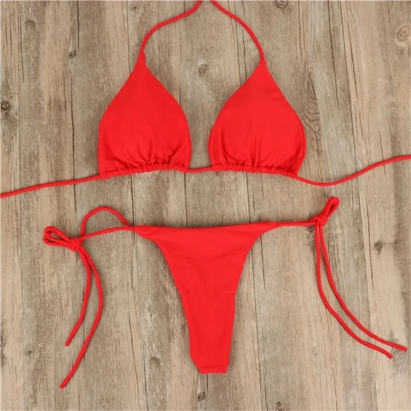 Summer Sexy Solid Color Set Tie Side GString Thong Swimsuit Female Bandage Bathing Suit Brazlian Swimwear Bikini 220621