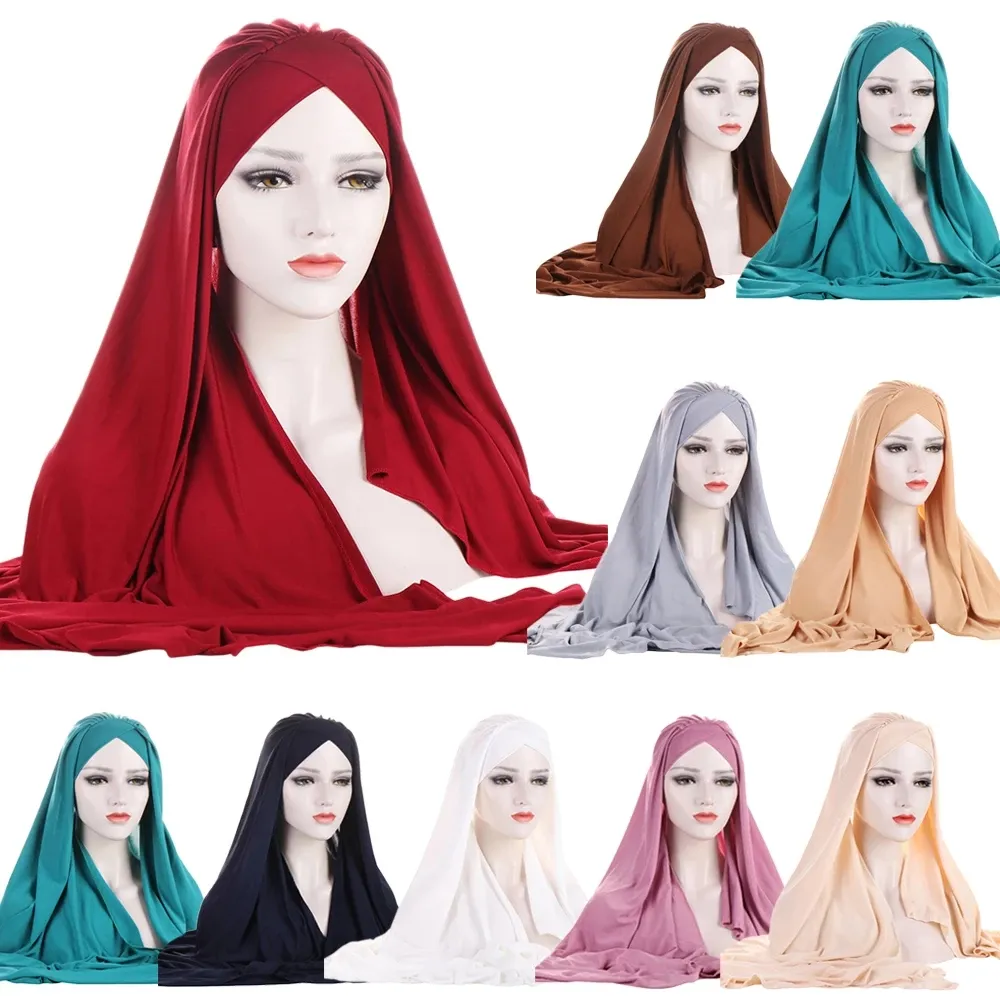 Une pièce Amira femmes musulmanes rides croix longue écharpe tirer sur prêt à porter casquette instantanée foulard foulard Hijabs Femme Turban châles