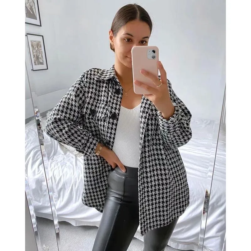 women Houndstooth palid button jackets fashion ladies full sleeve urn down collar solf jacket vintage female streetwear 201023