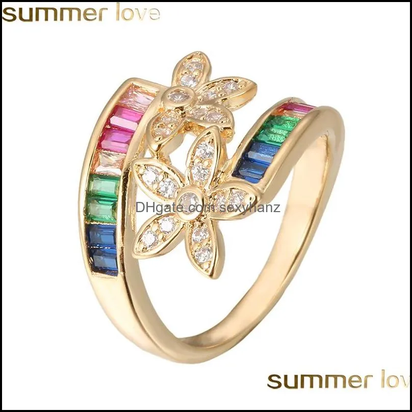 Cute Rainbow Zircon Stone Ring Silver Yellow Gold Color Flower Love Rings For Women Lady Romantic Promise Wedding Party Jewelry