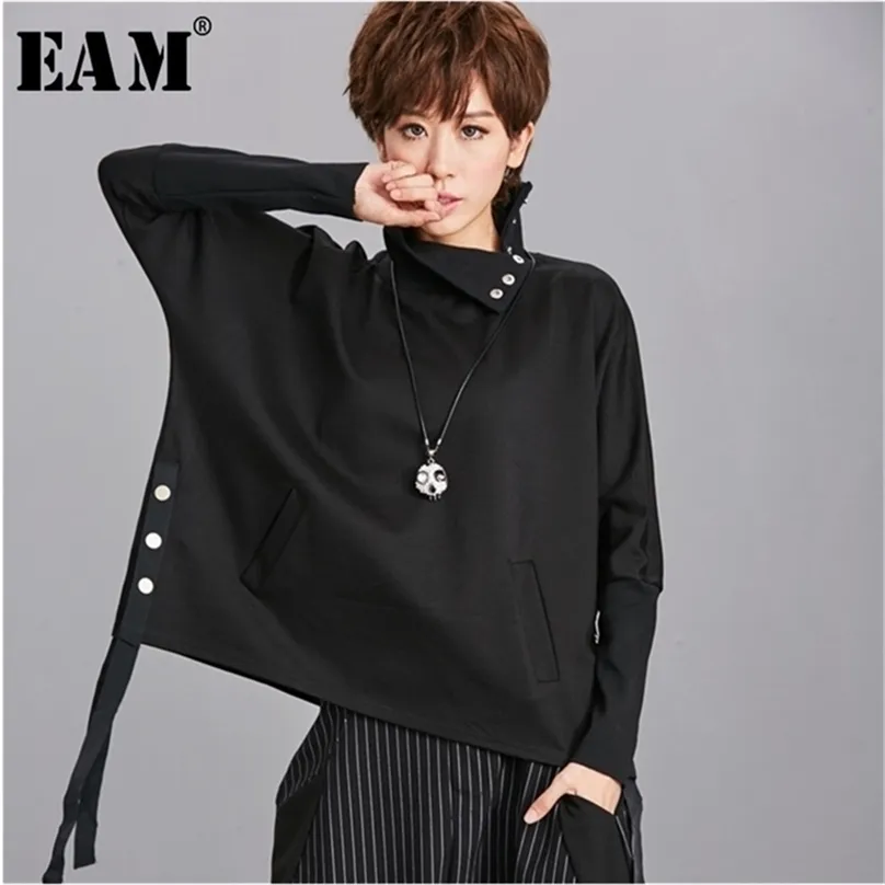 EAM LOOST FIT Black Ribbon Split Sweatshirt Ny hög krage långärmad kvinnor Big Size Fashion Spring Autumn LJ200808