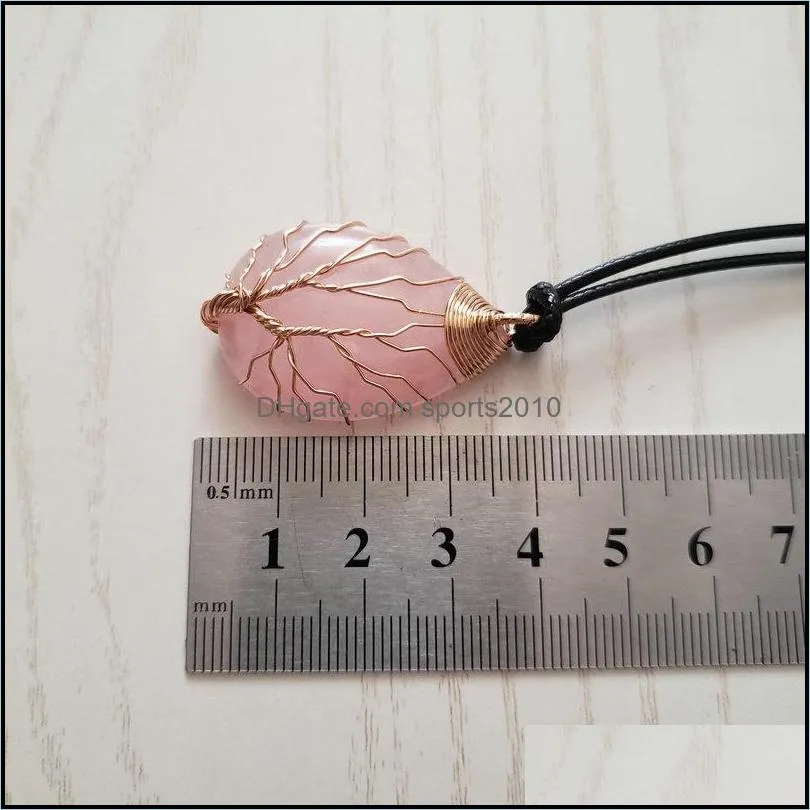 natural agate rose quartz crystal stone pendant wire wrap handmade tree of life drop gold silver color pendant necklace