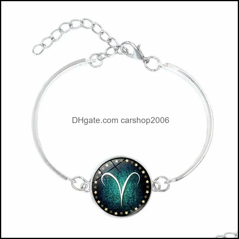 Fashion Time Gem Cabochon Twelve Constellations Zodiac Bracelet Silver Plated 12 Zodiac Bracelet Bangle Women Men Jewelry