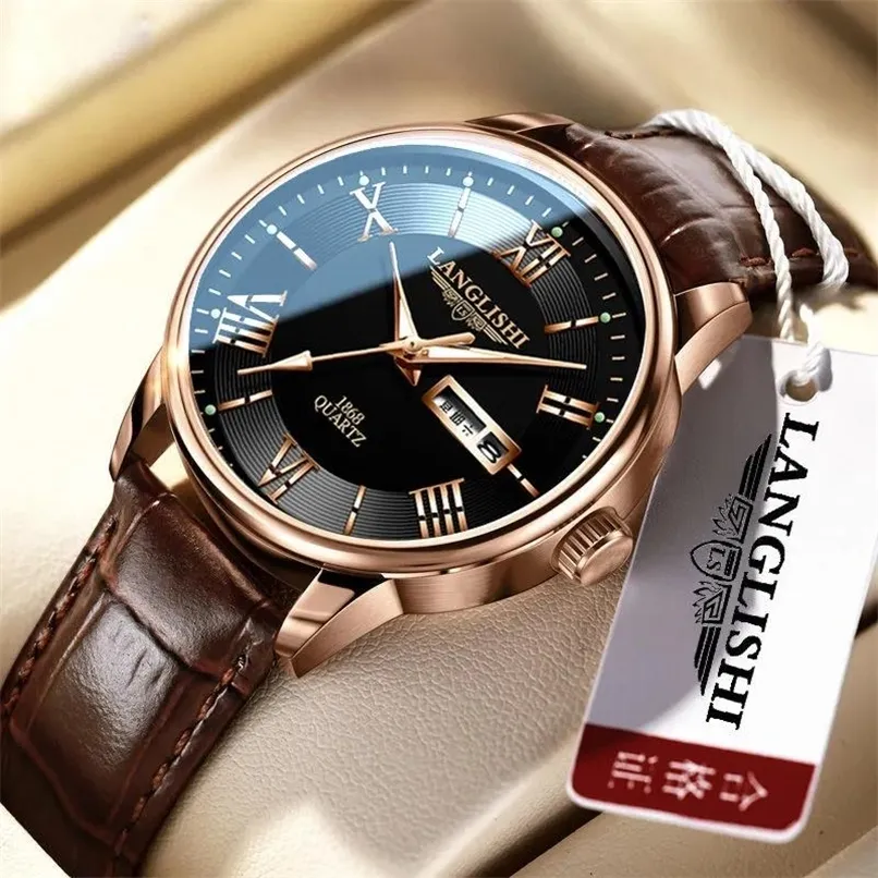 LANGLISHI Watch Casual Fashion Man Watch Leather Top Brand Luxury Watches Waterproof Luminous Simple Quartz Wristwatch 220407