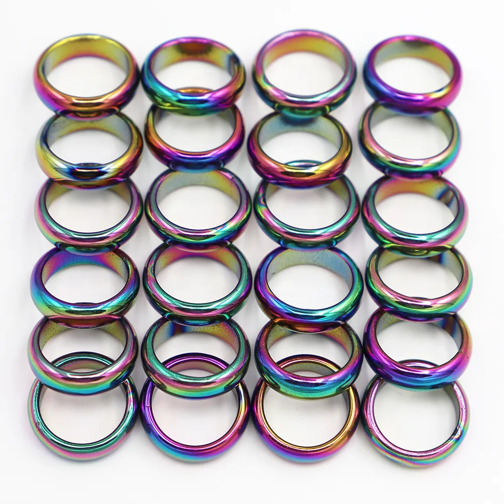 6MM Band Retro Fashion Hematite Ring Ring Width Width Cambered Surface Rainbow Color Christmas Bijoux Femme Wholesale