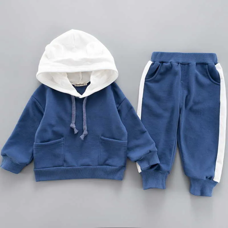 KAGAYD Toddler Boy Girl Fall Winter Outfit Solid Color Long Sleeve Hoodie Sweatshirt And (a-Blue, 12-18 Months