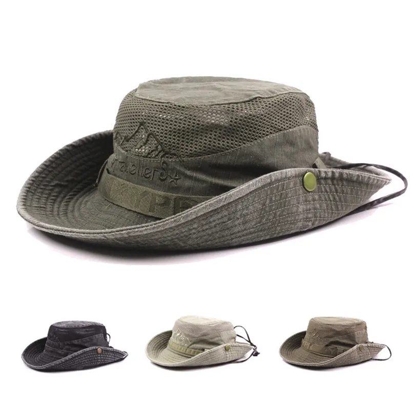 Heren zomer gaas ademen retro 100% katoen Panama Jungle Fishing S Nieuwheid Dads Beach Cap Embet Hat 220629