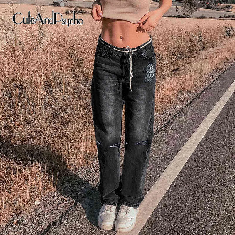 Retro grunge asa estampa de jeans preto jeans vintage gótico casual casual jeans de streetwear de rua com zíper de calça longa feminina e feminino