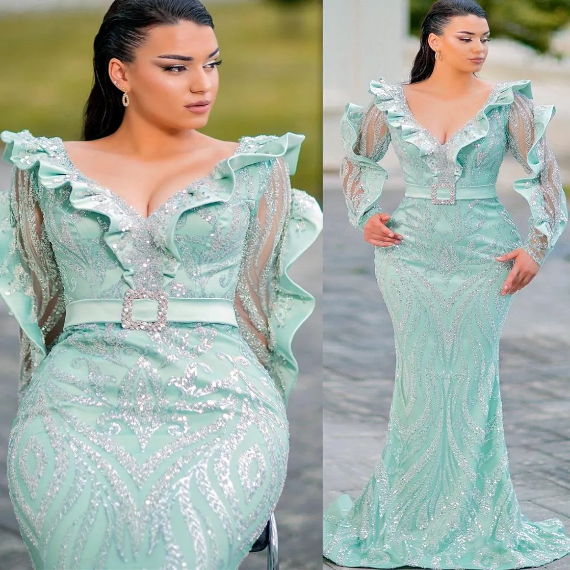 Sparkling Mint Green Mermaid Mint Green Evening Dress With Long Sleeves, Ruffles, And Shoulder