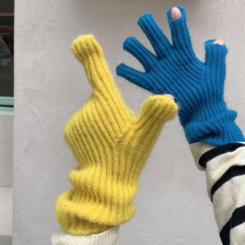 Guanti a cinque dita tinta unita in lana lavorata a maglia touch screen invernale da donna in sella a dita divise spesso caldo che perde INS Trend GlovesFive