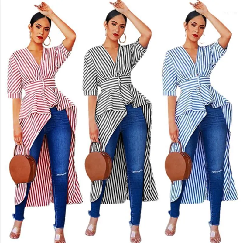 Kvinnors Blus Asymmetriska Ruffles Svart Blå Röd Vit Striped Full Sleeve Deep V-Collar Elegant Office Style För Ladies Blusar Skjortor