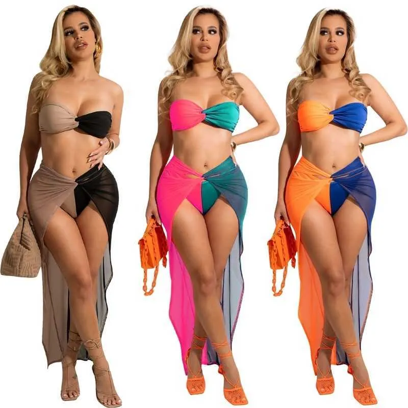 Diseñador para mujer Vestido de tres piezas Sexy Cofre de empalme Envuelto Malla Bikin Falda Color de empalme