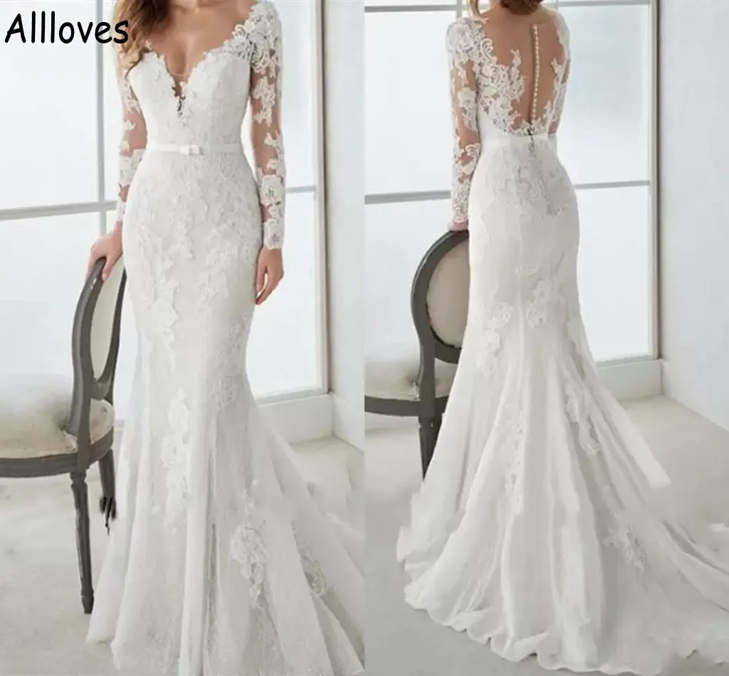 Abiti da sposa a sirena in pizzo con maniche lunghe Abiti da sposa vintage con scollo a V Taglie forti CL0961