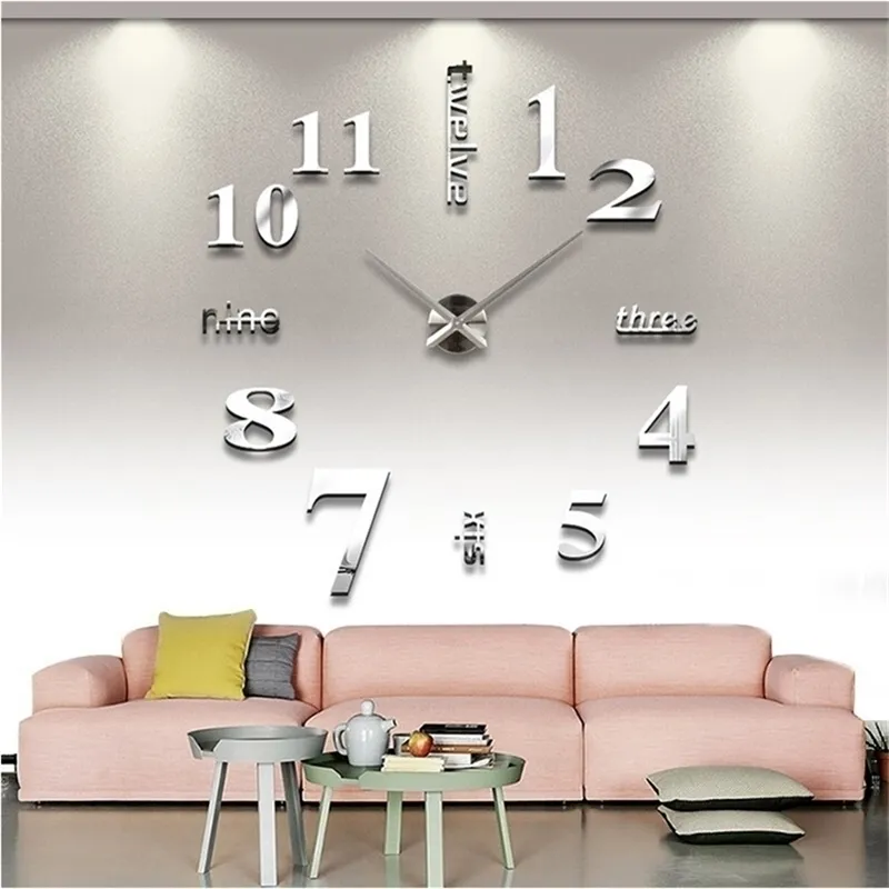 Relojes de pared de cuarzo, relojes de moda, reloj de pared grande real 3d, adhesivo de espejo apresurado, decoración para sala de estar diy 210325