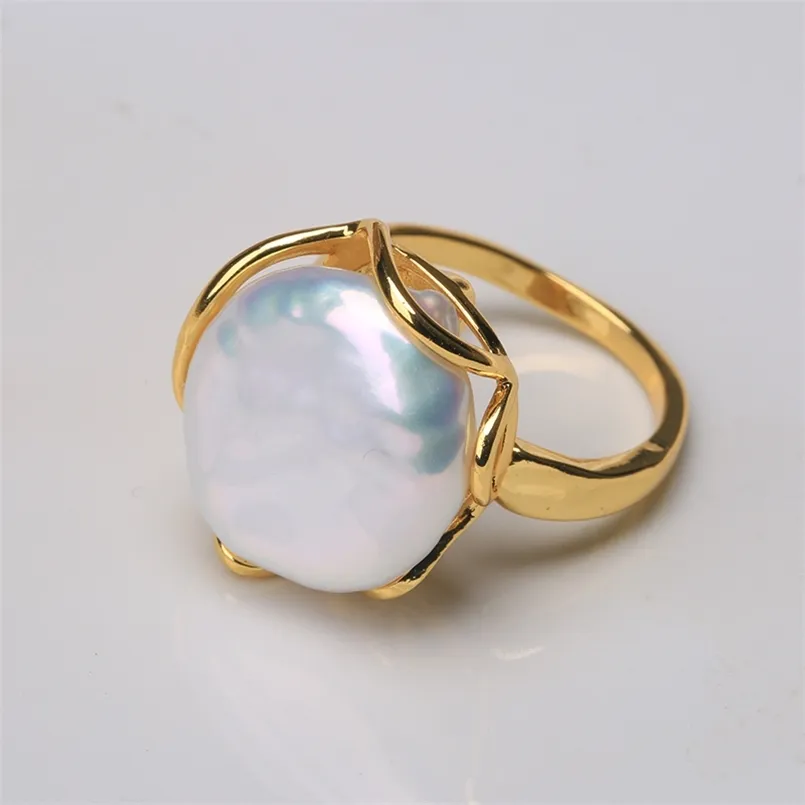 BaroqueOnly Natural freshwater Baroque pearl ring retro style 14K notes gold irregular shaped button RFD 220726