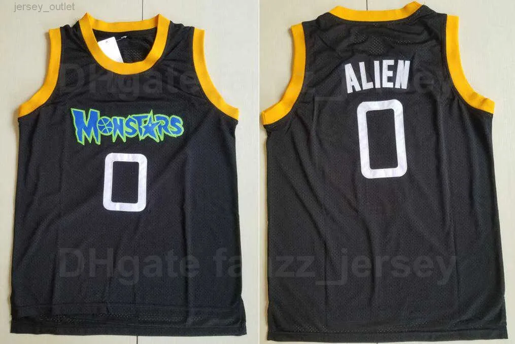 Monstars de basquete masculino 0 Alien Moive Jerseys University Team Away Color Black All Stitched Sports Breathable Pure Cotton Sewing College Alta qualidade