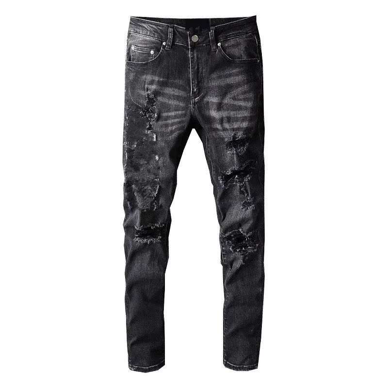 High Street Fashion Jeans Motocicleta flutuando os orifícios personalizados da moda retro desgastada e remendada calças finas
