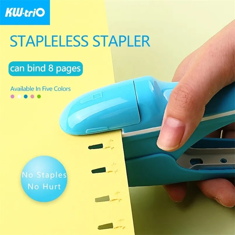 KW-Trio Stapleless Stapler Safer Safe Paper Stapling Portable Plastic Without Bind 8 Sheets of Office Supplies 220510