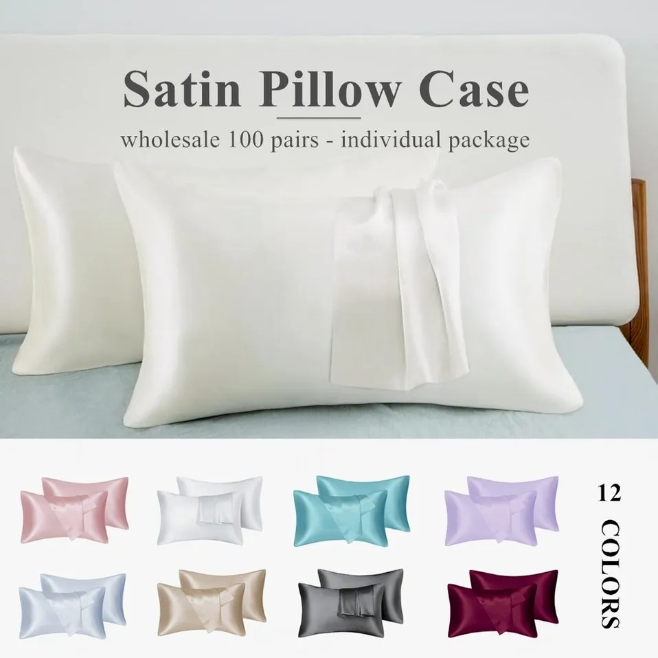 Silky Satin Pillow Case King Queen Full Sizes Hotel Home Wholesale Pillow Covers Solid 12 Colors Hair Skin Care sxjun1