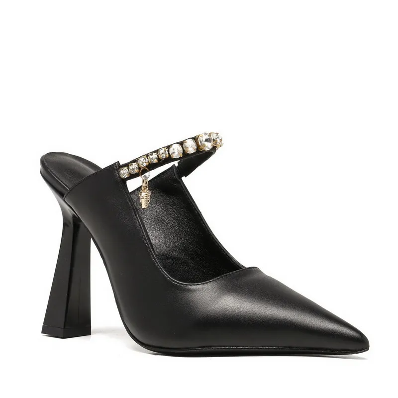Top Quality Womens Heels fashion ladies dress shoes black genuine leather with rhinestone slingback italian Shoe women Pointed Toe Pumps