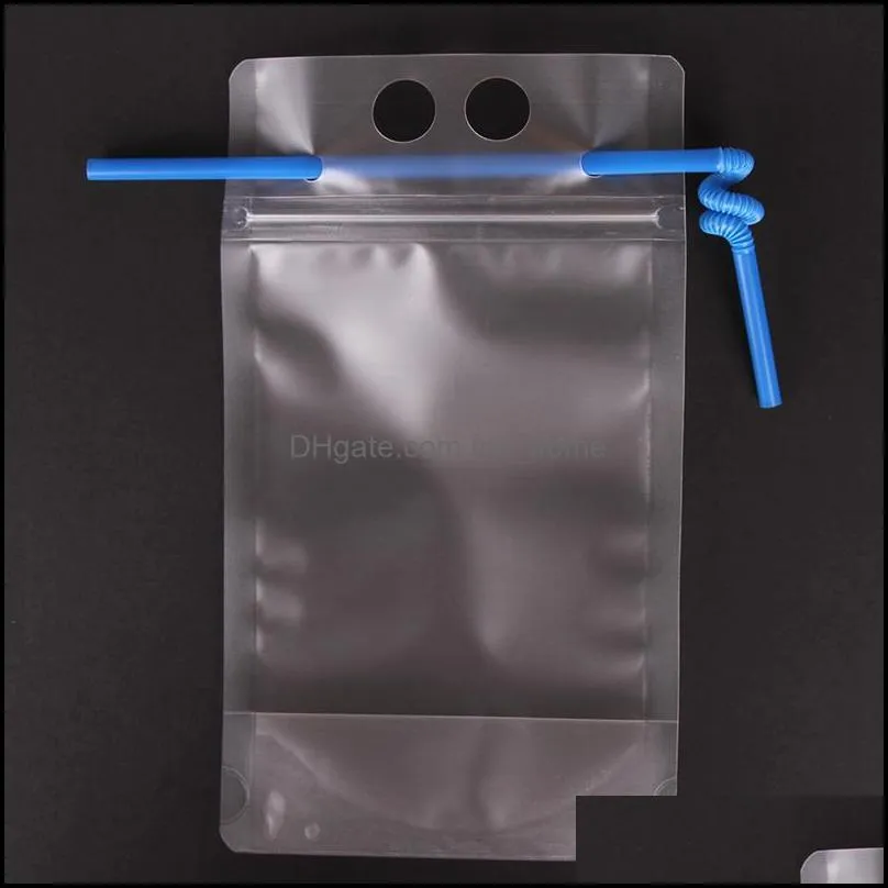 500ml Transparent Self-sealed Plastic Drink Packaging Bag Pouch for Beverage Juice Milk Coffee, with Handle and Holes for Straw