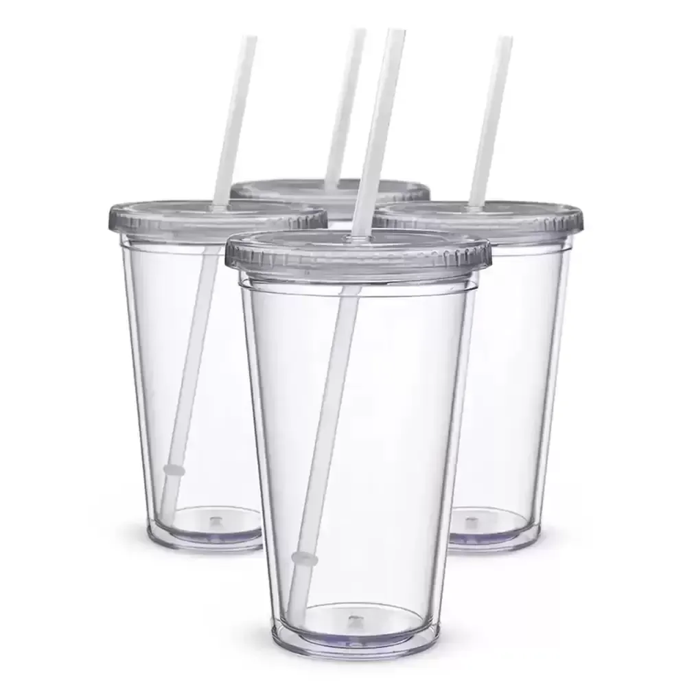 Stock 16oz Plastic Tumblers Double Wall Acrylic Clear Drinking Juice Cup With Lid And Straw Coffee Mug DIY Transparent Mugs FY5391