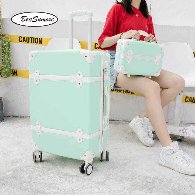 Beasumoreかわいい韓国ローリング荷物セットスピナー女性旅行バッグスーツケースホイールパスワードトロリーインチレトロキャリーオントランクJ220707
