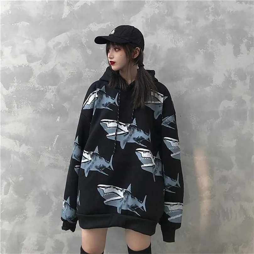 Nicemix Female Winter Fashion Ins Stampa di squalo harajuku sciolto casual più velluto con cappuccio hip hop giacca con cappuccio Swea 201203