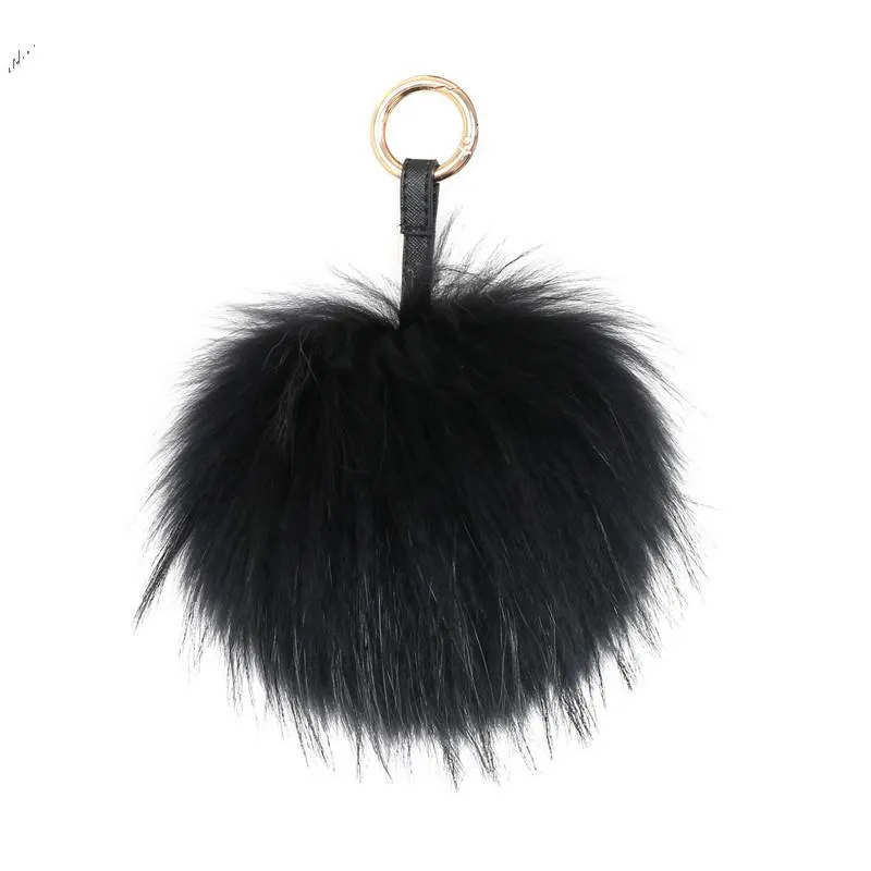 Keychains fluffy äkta päls boll nyckelring puff hantverk diy pompom svart pom keyring uk charm kvinnor väska tillbehör gåva