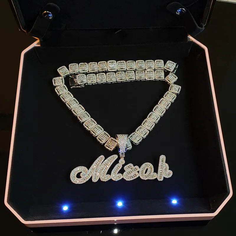 Hip Hop Custom Baguettes Naam Hanger Ketting Met Gratis Touw Ketting Goud Zilver Bling Zirconia Mannen Hangers Sieraden