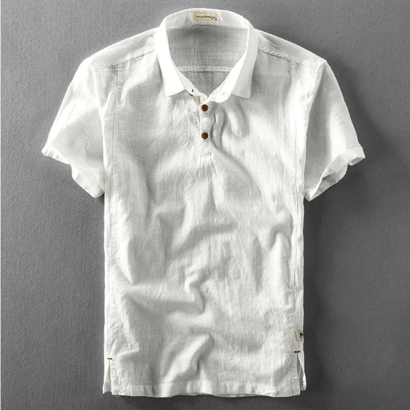 Men's Casual Shirts Designer Italy Style Cotton Linen Short-sleeved Shirt Men Brand Solid White Henley For Top Camisa ChemiseMen's