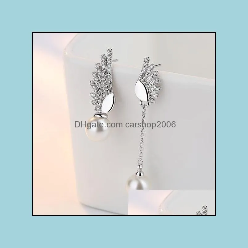 Fashion 925 silver plated ABS imitation pearl earrings asymmetry individuality Angel`s Wings stud earrings for women jewelry J120