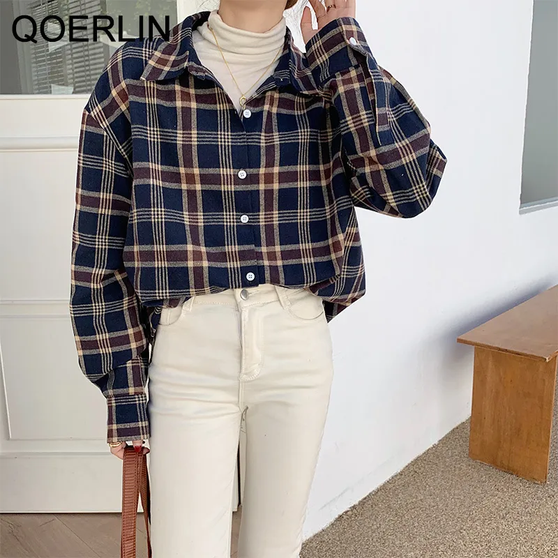Qoerlin algod￣o feminino de manga longa gola de lapela bot￣o para baixo blusa de camisa xadrez tops de camisa casual solta checked blaous 210412