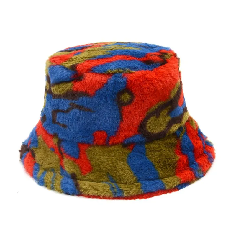 Bérets Léopard Fluffy Chapeau Seau Femmes Fille Hiver Voyage En Plein Air Cravate Teinture Plaid Panama Épais Chaud Velours Pêcheur BobBérets