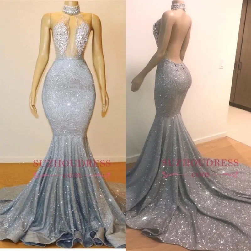 2022 Sexy Mermaid See Through Sequined Prom Dresses High Neck Sleeveless Backless Evening Gowns Crytal Pageant Dress BC0679