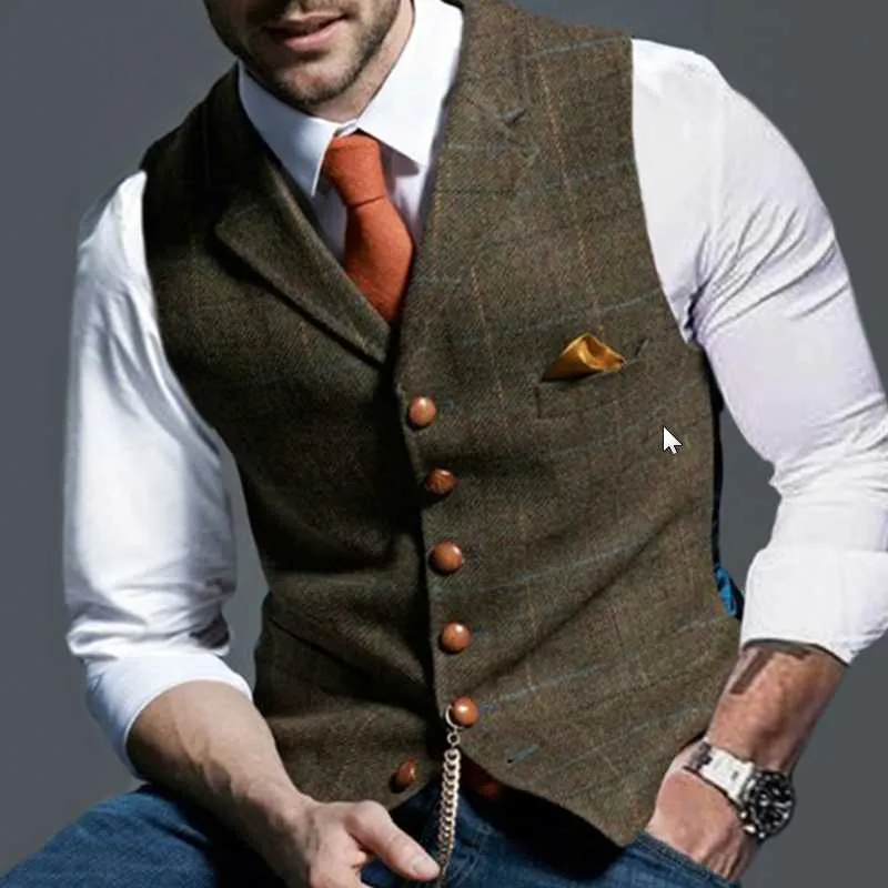 Men's T-Shirts Business Mens Suit Vest Lapel V Neck Wool Plaid Casual Brown Waistcoat Formal Groomsman Jacket For Wedding Clothing MY395